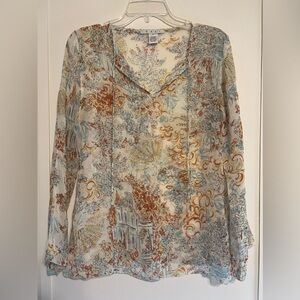 ✨Cabi 100% Silk Peasant Blouse Semi Sheer Watercolor Sketch✨